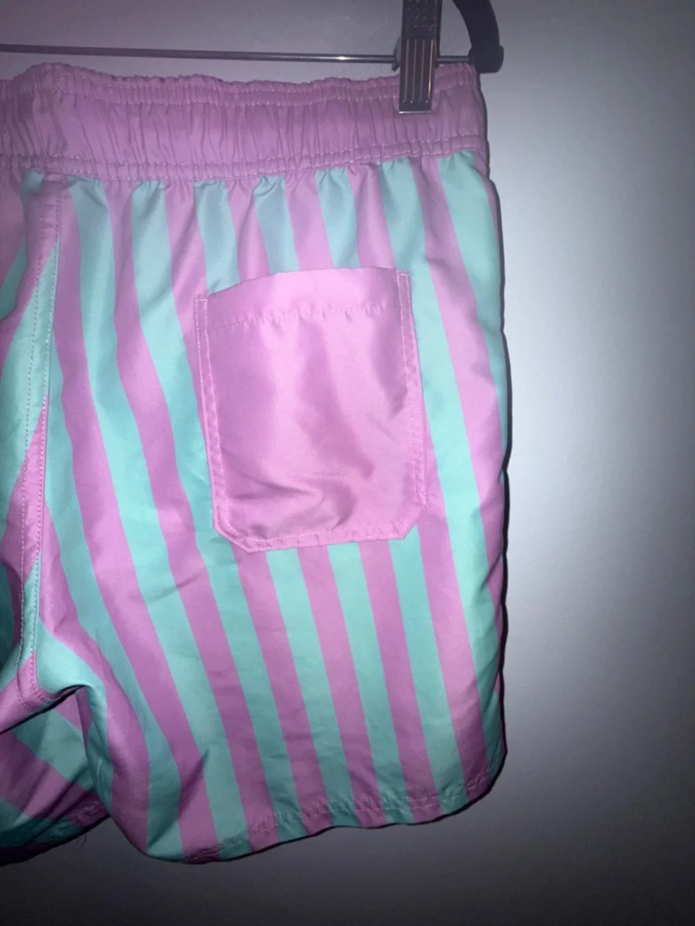 MAD Engine Men’s Swim Trunks Medium Pink Mint Stripe Retro Beach Shorts Lined